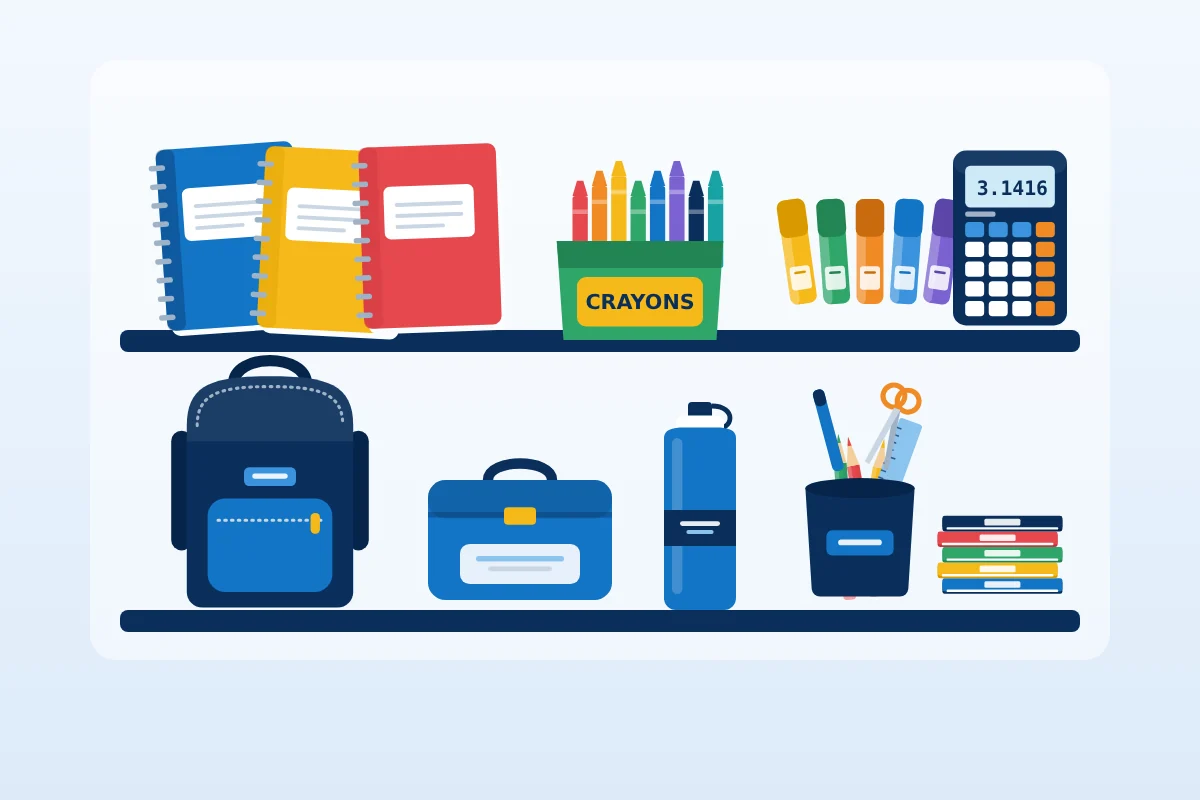 School supplies on the shelves at A&M Quick Kart
