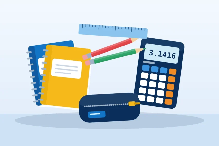 Notebooks, pencils, a calculator and a pencil case