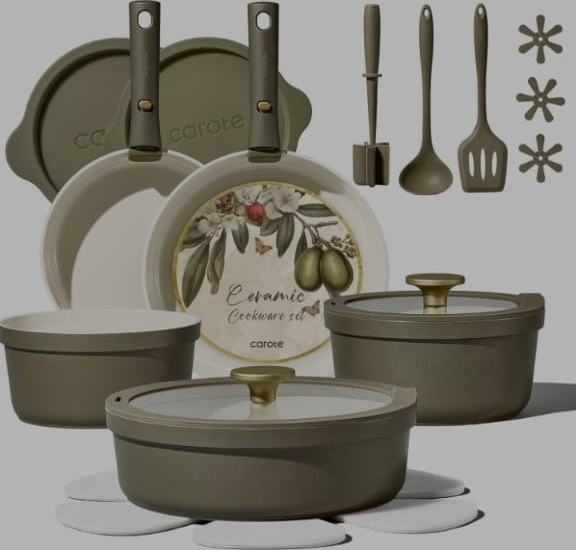 Ceramic cookware set with pots, pans, lids and utensils