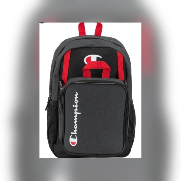 Champion Backpack with Lunch Bag · Charcoal & Red