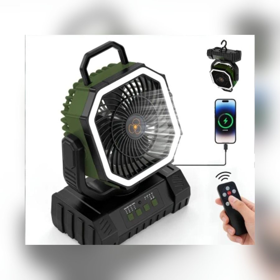 Green rechargeable fan with LED ring light, USB charging and remote