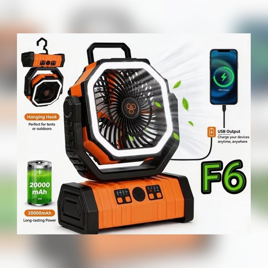Orange rechargeable fan with 20,000 mAh battery, USB output and hanging hook