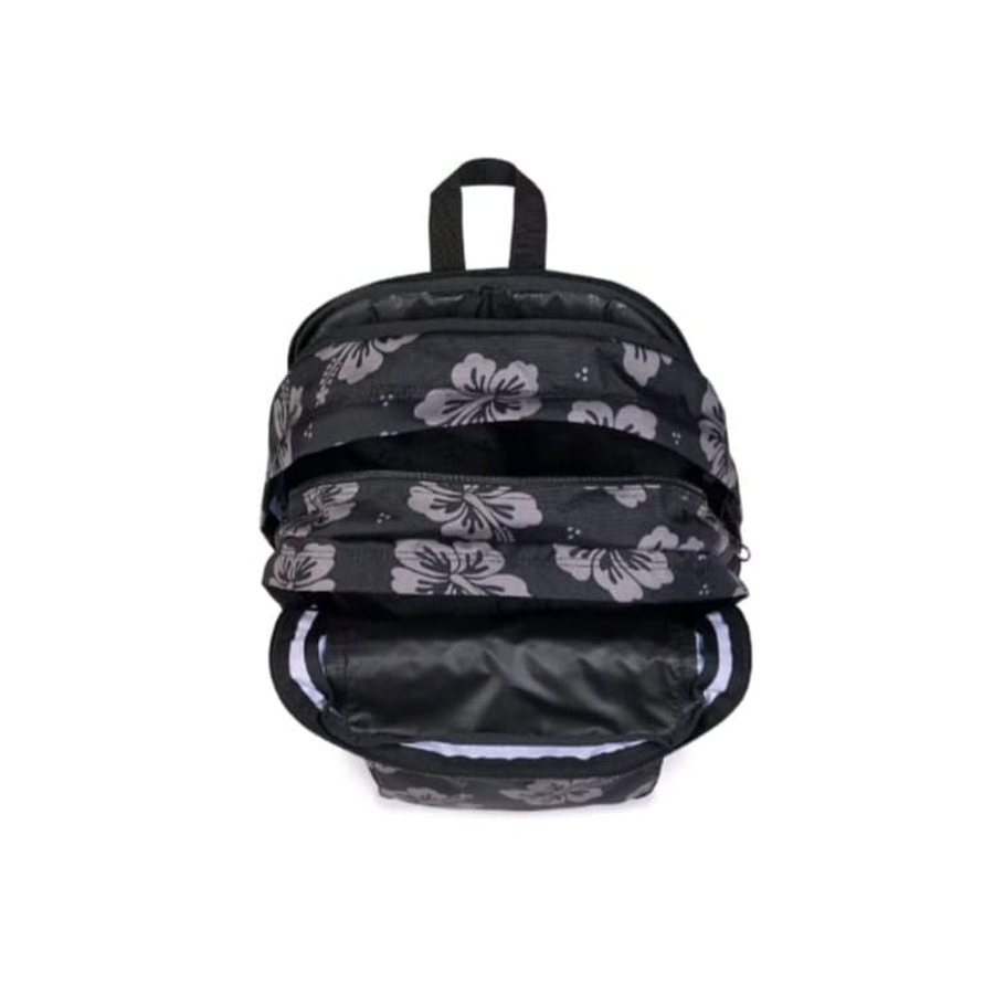 Open black hibiscus JanSport backpack showing the compartments
