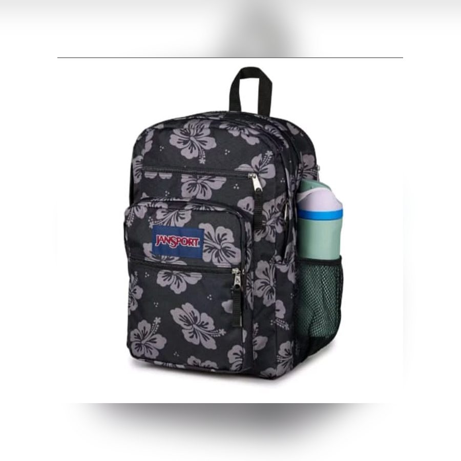 Black JanSport backpack with a grey hibiscus flower print