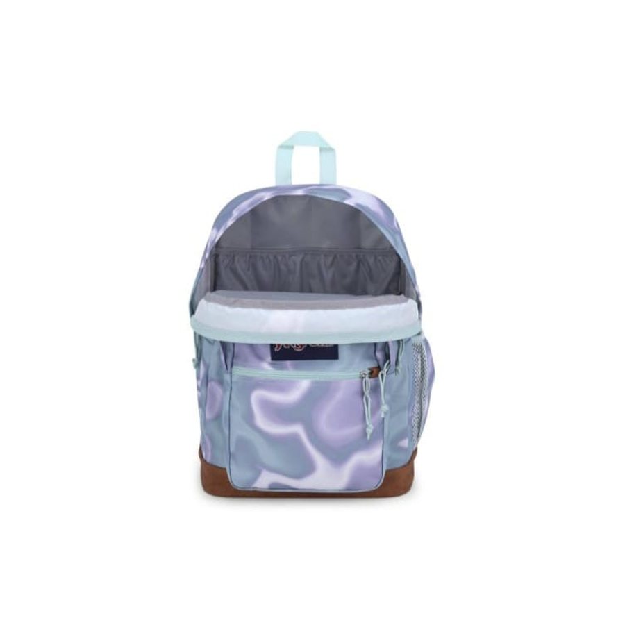 Open pink and purple JanSport backpack showing the main compartment