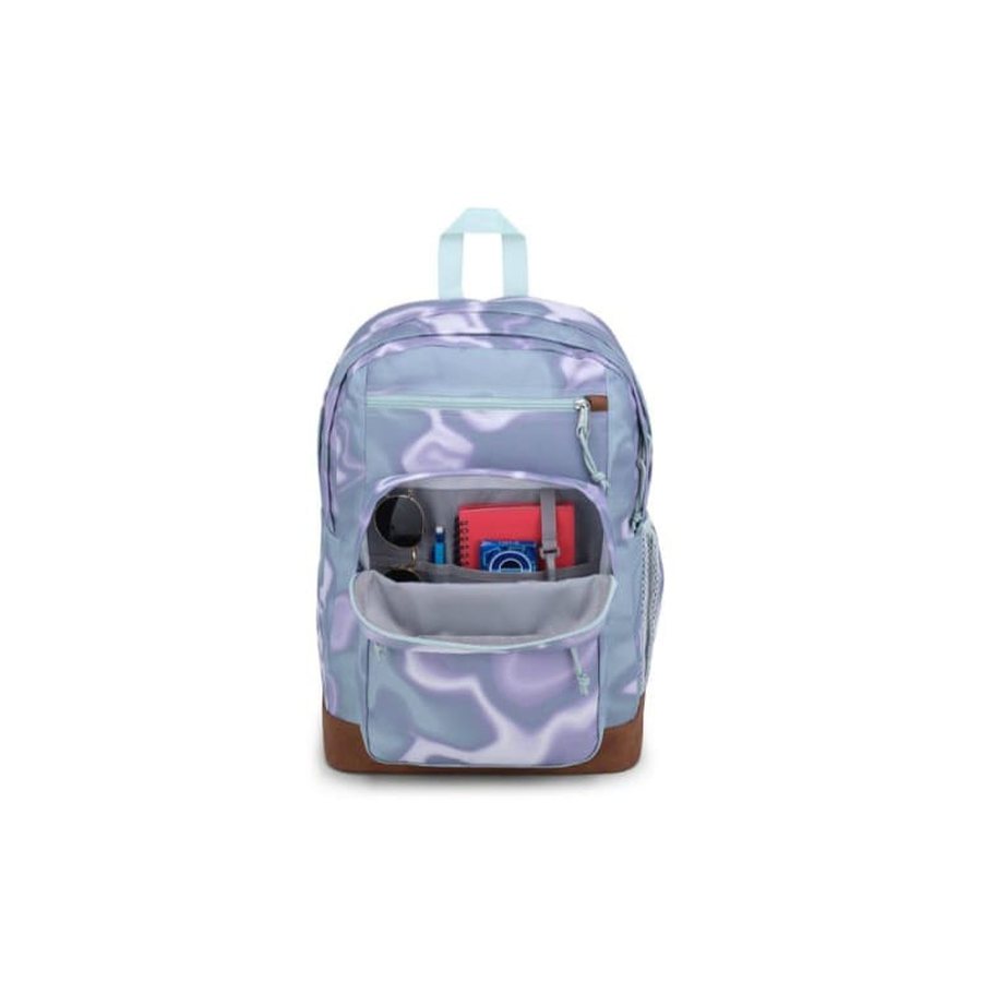 JanSport backpack in a pink and purple swirl print with the front pocket open