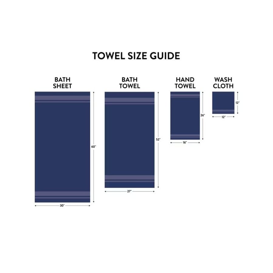 Towel size guide: bath sheet 30 x 60 in, bath towel, hand towel and wash cloth