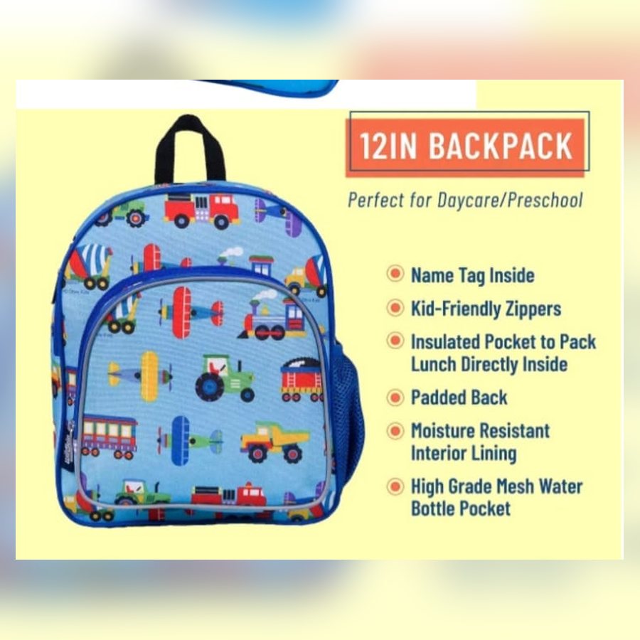 Wildkin 12 inch backpack features: name tag, kid-friendly zippers, insulated lunch pocket, padded back