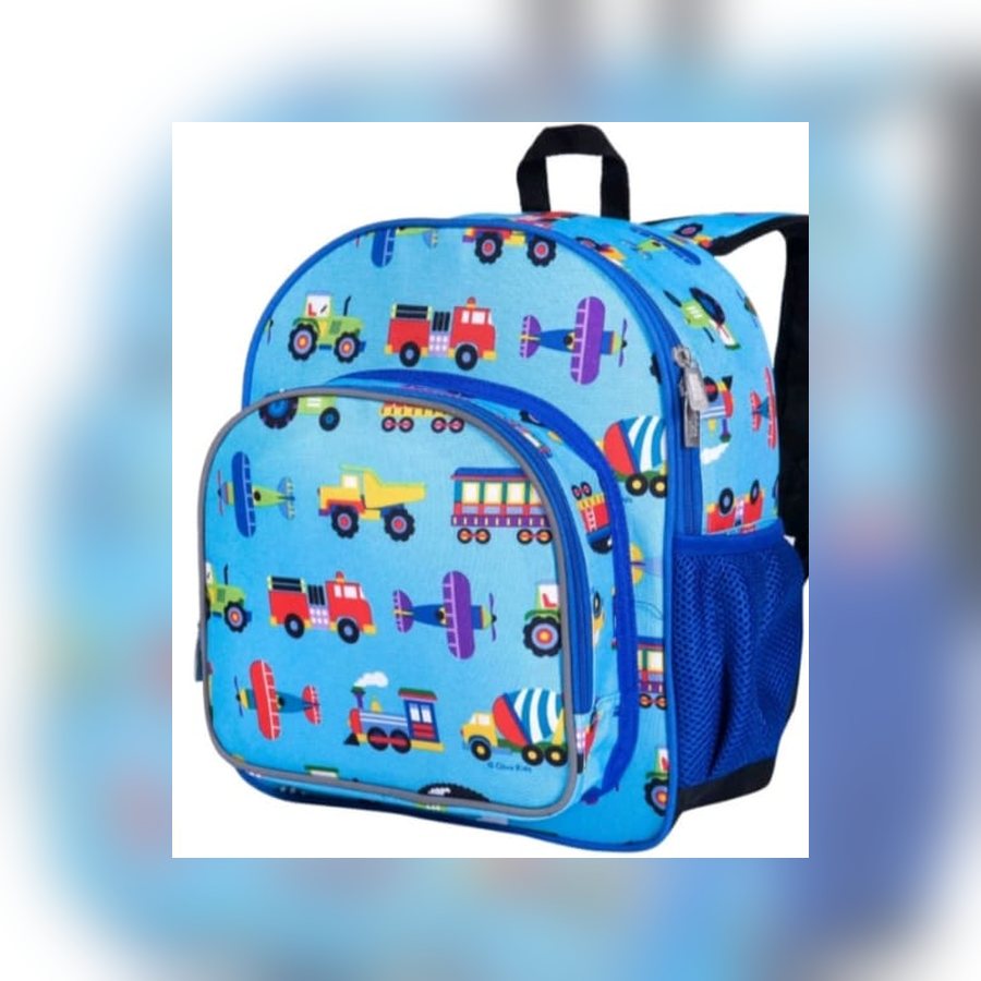 Light blue Wildkin Kids backpack with a cars, trains and planes print