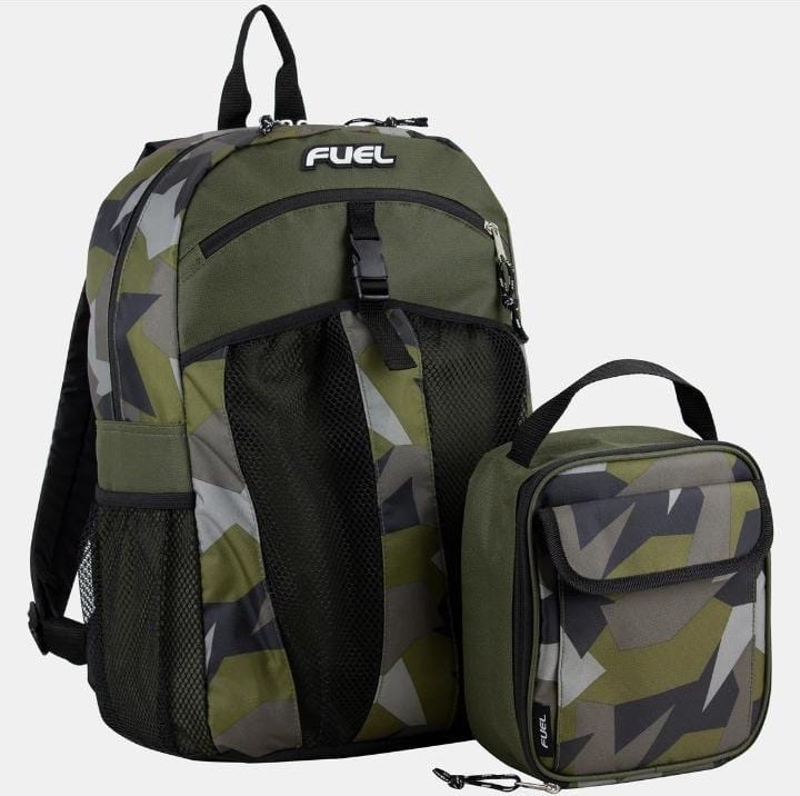 FUEL school backpack and matching lunch bag in camo green
