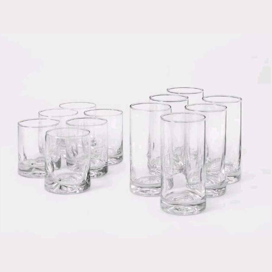 Six tall and six short clear glass tumblers